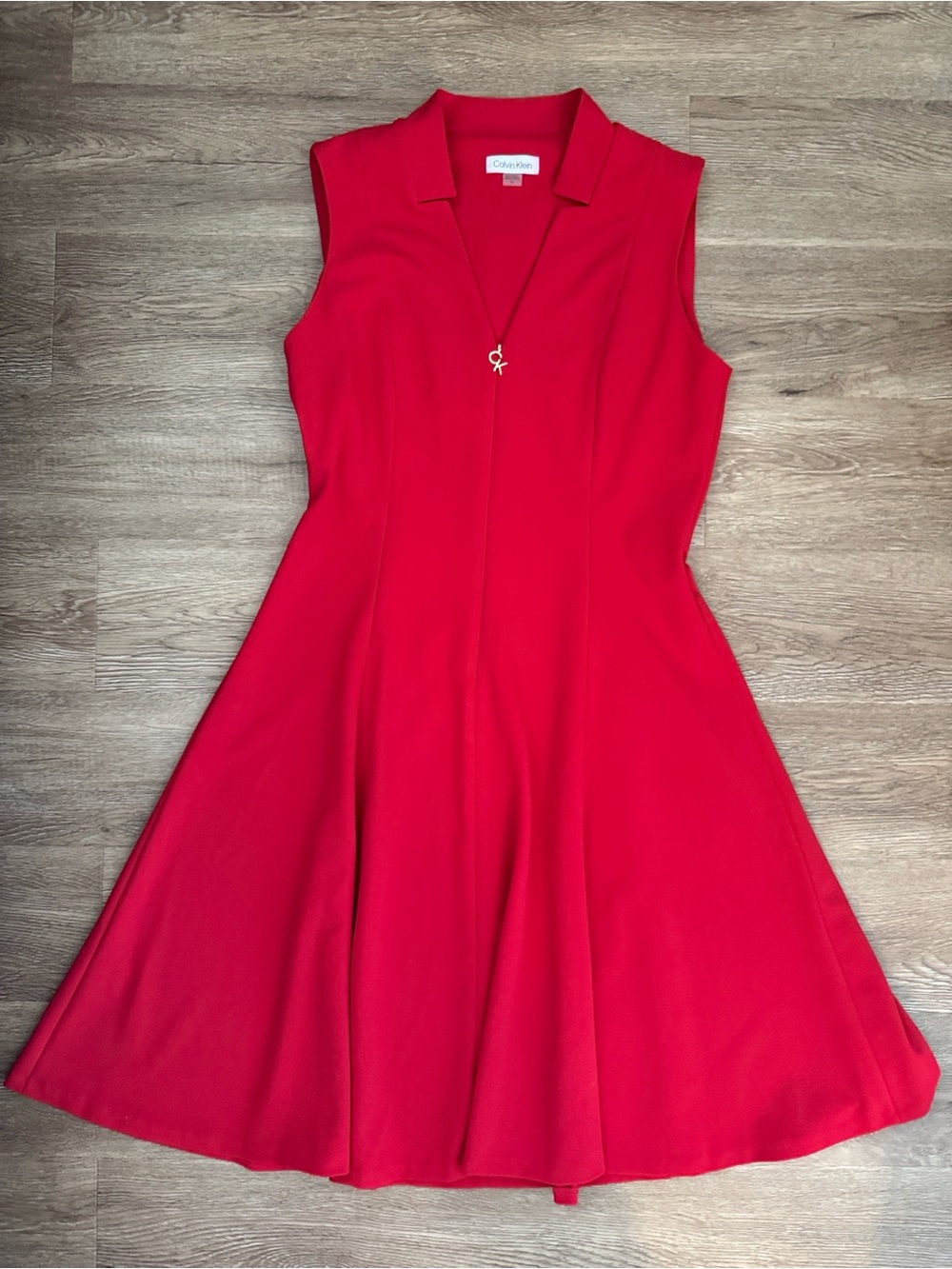 Calvin Klein Sleeveless Ruby Red V-Neck Fit-and-Flare Midi Dress